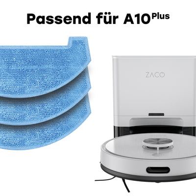 3 Wischtücher oben dargestellt, darunter der ZACO A10 Plus Saug- und Wischroboter an der Absaugstation mit Text ‚Passend für A10 Plus‘