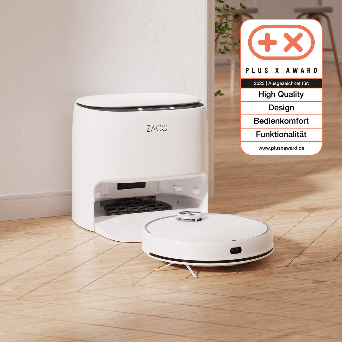 ZACO M1S vacuuming and mopping robot with self-cleaning charging station